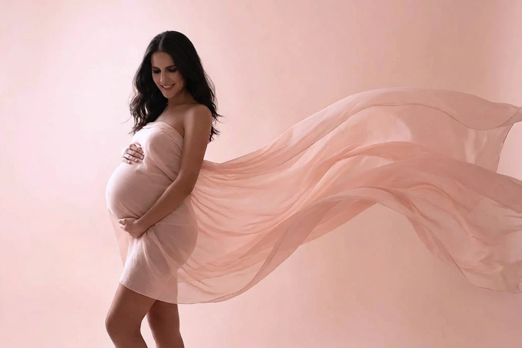 Sesión de embarazo en estudio con tela rosa en movimiento y fondo claro